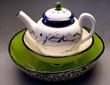 Inkwash Moon teapot in federal blue and clover, festive with light kiwi, and filigree footed bowl